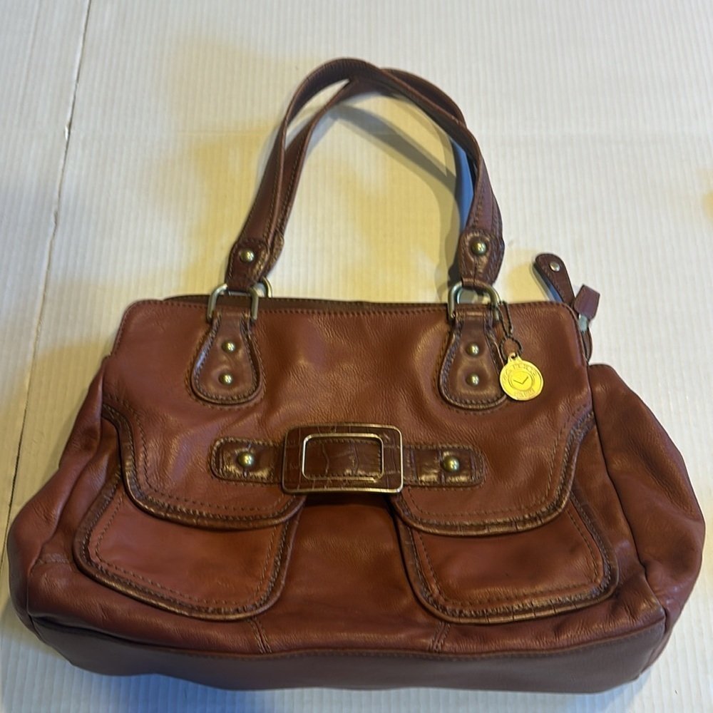 Via Spiga cow leather cognac brown shoulder bag w gold accents pockets outside